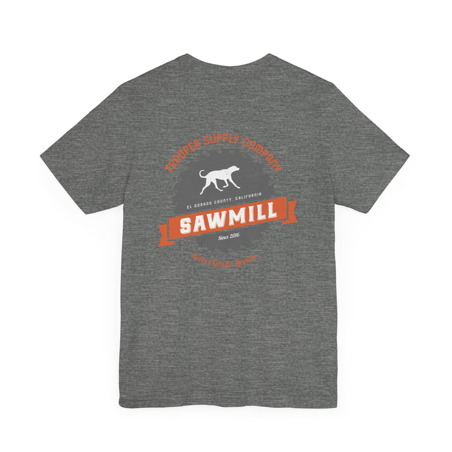 Saw Mill - Short Sleeve Vintage-Style Canine Lumberjack Graphic Tee - Back Print With Front Brand Emblem