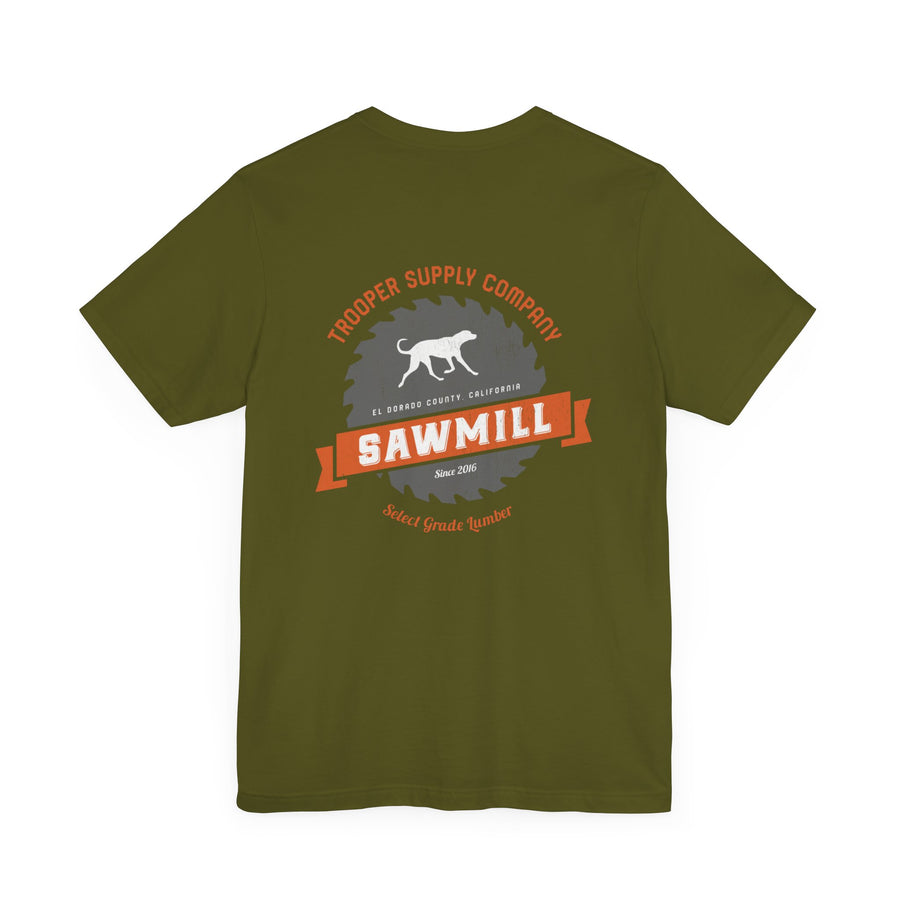 Saw Mill - Short Sleeve Vintage-Style Canine Lumberjack Graphic Tee - Back Print With Front Brand Emblem