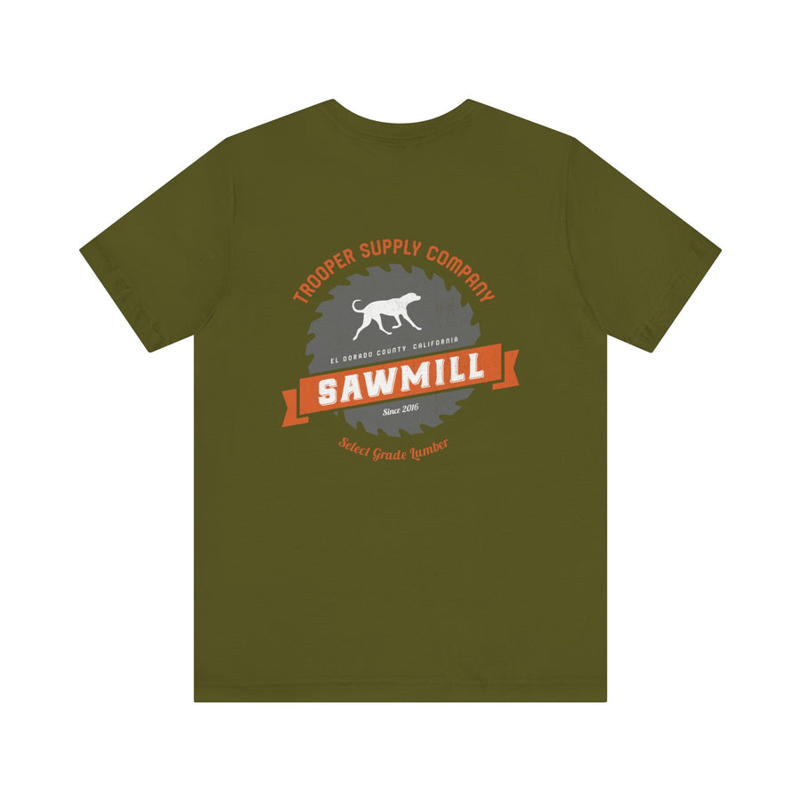 Saw Mill - Short Sleeve Vintage-Style Canine Lumberjack Graphic Tee - Back Print With Front Brand Emblem