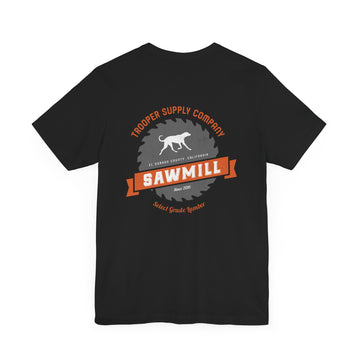 Saw Mill - Short Sleeve Vintage-Style Canine Lumberjack Graphic Tee - Back Print With Front Brand Emblem