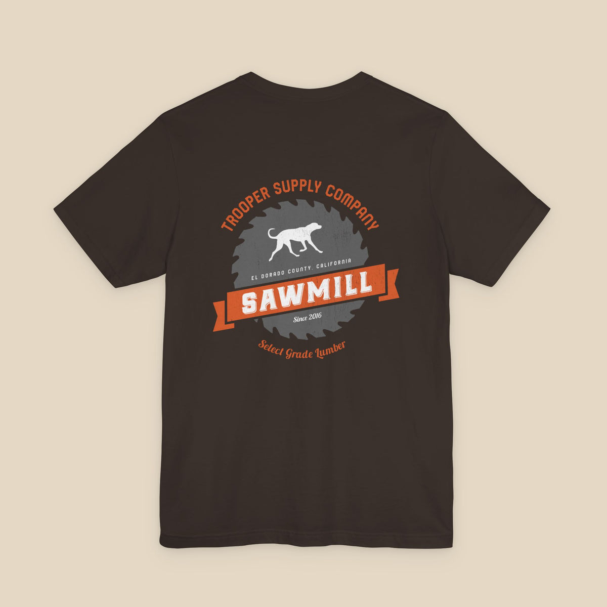 Saw Mill - Short Sleeve Vintage-Style Canine Lumberjack Graphic Tee - Back Print With Front Brand Emblem